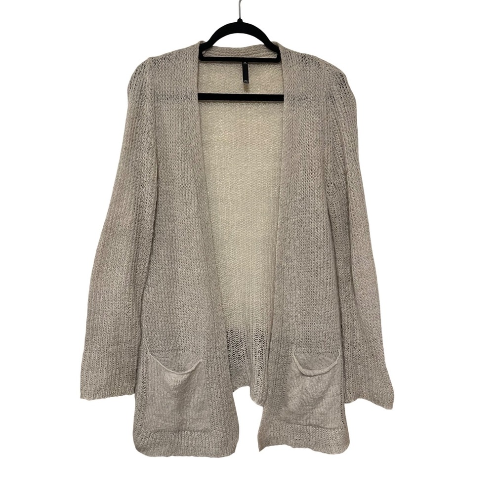 Mohair Blend Womens Cardigan Sweater Beige Knit Open Front‎ Pockets Oversized XS